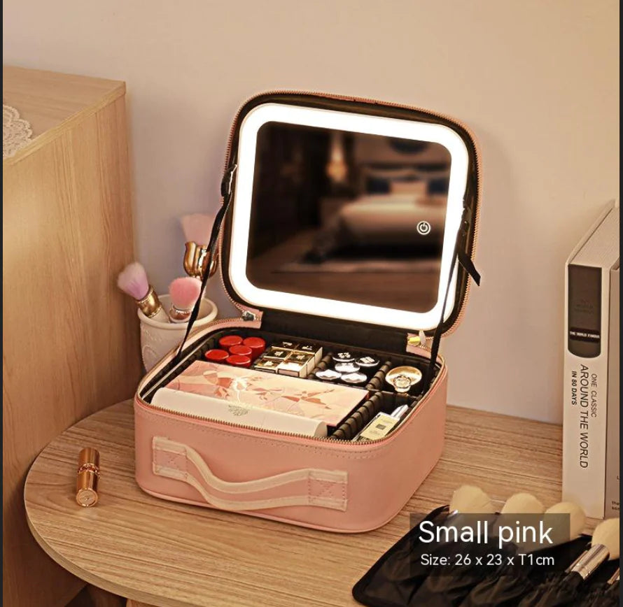 Bolsa de Cosméticos Portátil con Espejo y Luz LED, Caja de Almacenamiento de Cuidado de la Piel