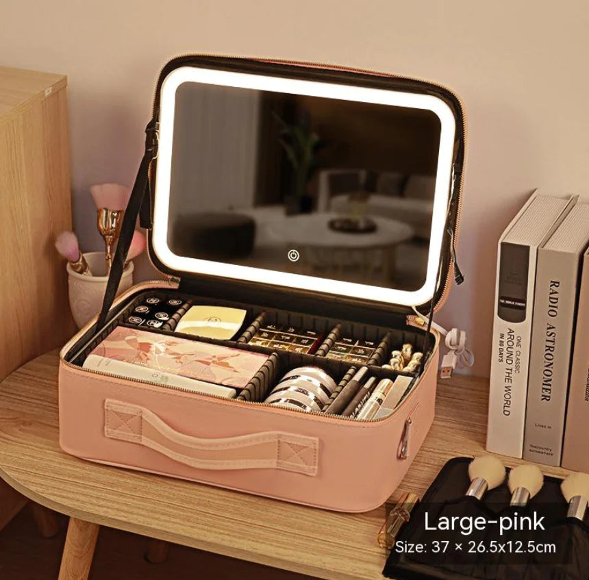 Bolsa de Cosméticos Portátil con Espejo y Luz LED, Caja de Almacenamiento de Cuidado de la Piel