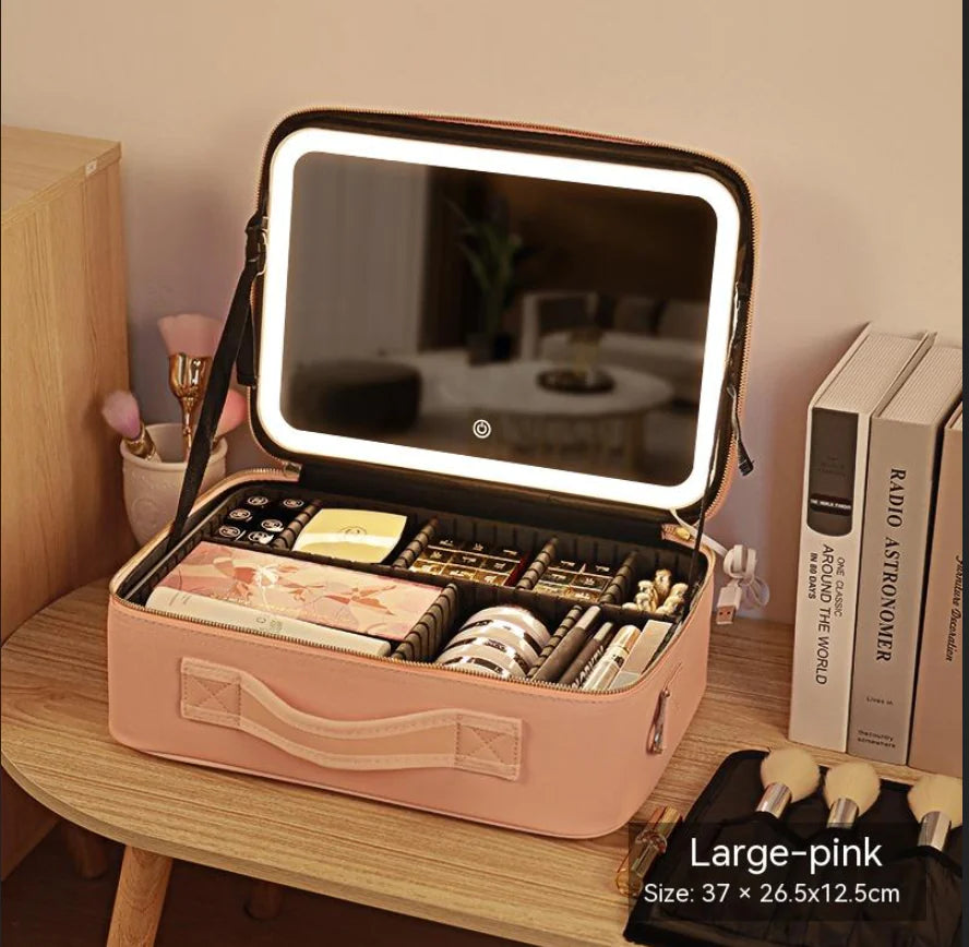 Bolsa de Cosméticos Portátil con Espejo y Luz LED, Caja de Almacenamiento de Cuidado de la Piel