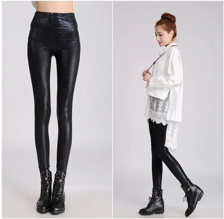 Pantalones Delgados de Cuero de Imitación con Estampado de Serpiente Mate para Mujer