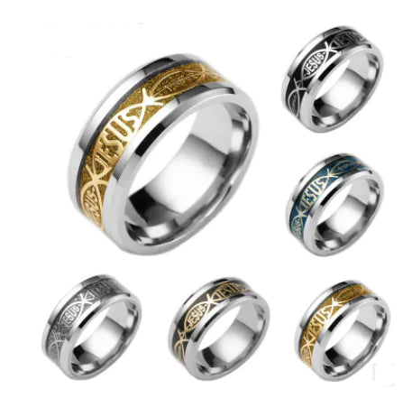Anillo de Acero Inoxidable con Inlay de Letra de Jesús para Navidad