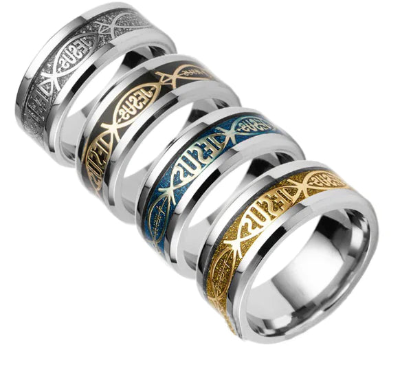 Anillo de Acero Inoxidable con Inlay de Letra de Jesús para Navidad