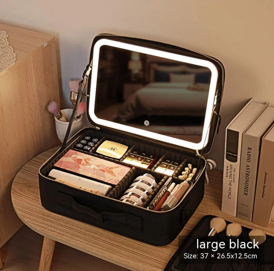 Bolsa de Cosméticos Portátil con Espejo y Luz LED, Caja de Almacenamiento de Cuidado de la Piel