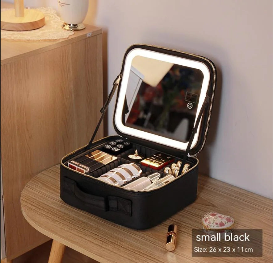 Bolsa de Cosméticos Portátil con Espejo y Luz LED, Caja de Almacenamiento de Cuidado de la Piel