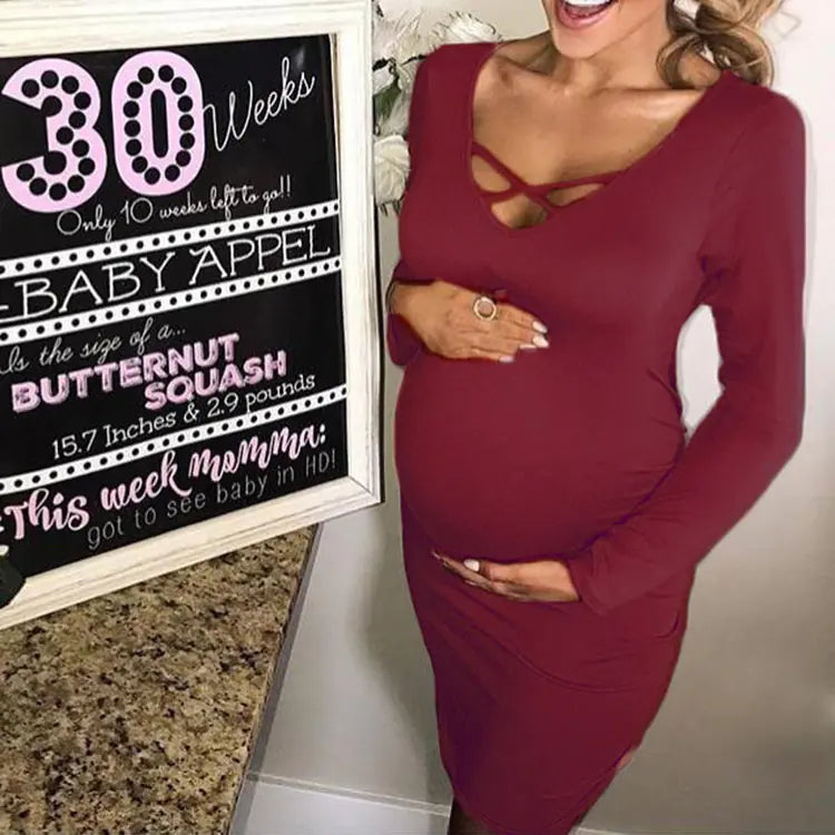Vestido de Maternidad con Cuello en V de Color Sólido