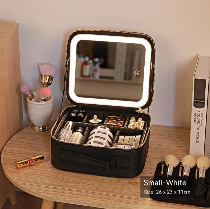 Bolsa de Cosméticos Portátil con Espejo y Luz LED, Caja de Almacenamiento de Cuidado de la Piel