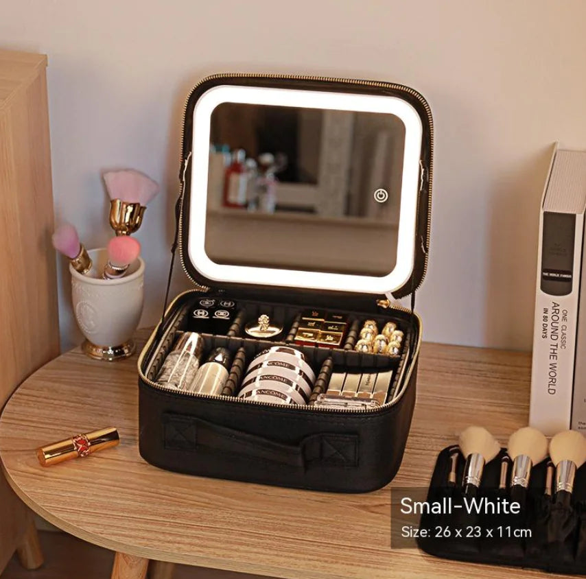 Bolsa de Cosméticos Portátil con Espejo y Luz LED, Caja de Almacenamiento de Cuidado de la Piel