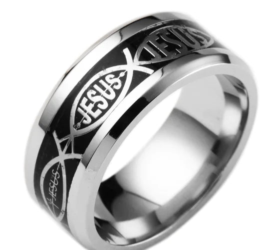 Anillo de Acero Inoxidable con Inlay de Letra de Jesús para Navidad