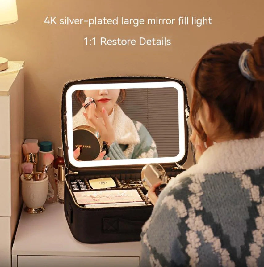 Bolsa de Cosméticos Portátil con Espejo y Luz LED, Caja de Almacenamiento de Cuidado de la Piel