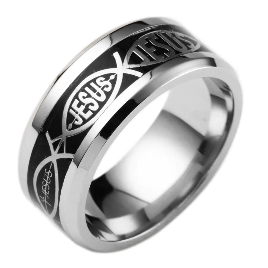 Anillo de Acero Inoxidable con Inlay de Letra de Jesús para Navidad