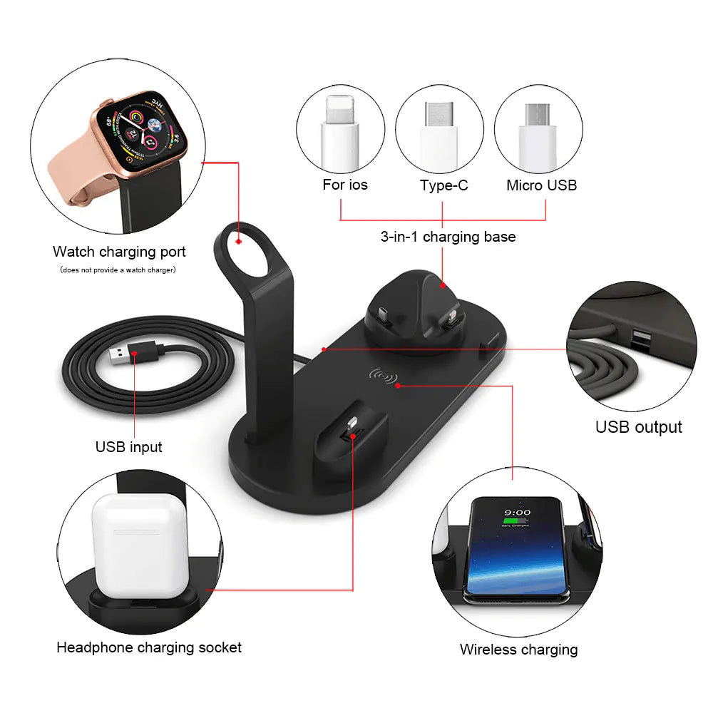 Cargador inalámbrico 4 en 1 de 15 W para teléfonos, auriculares y relojes