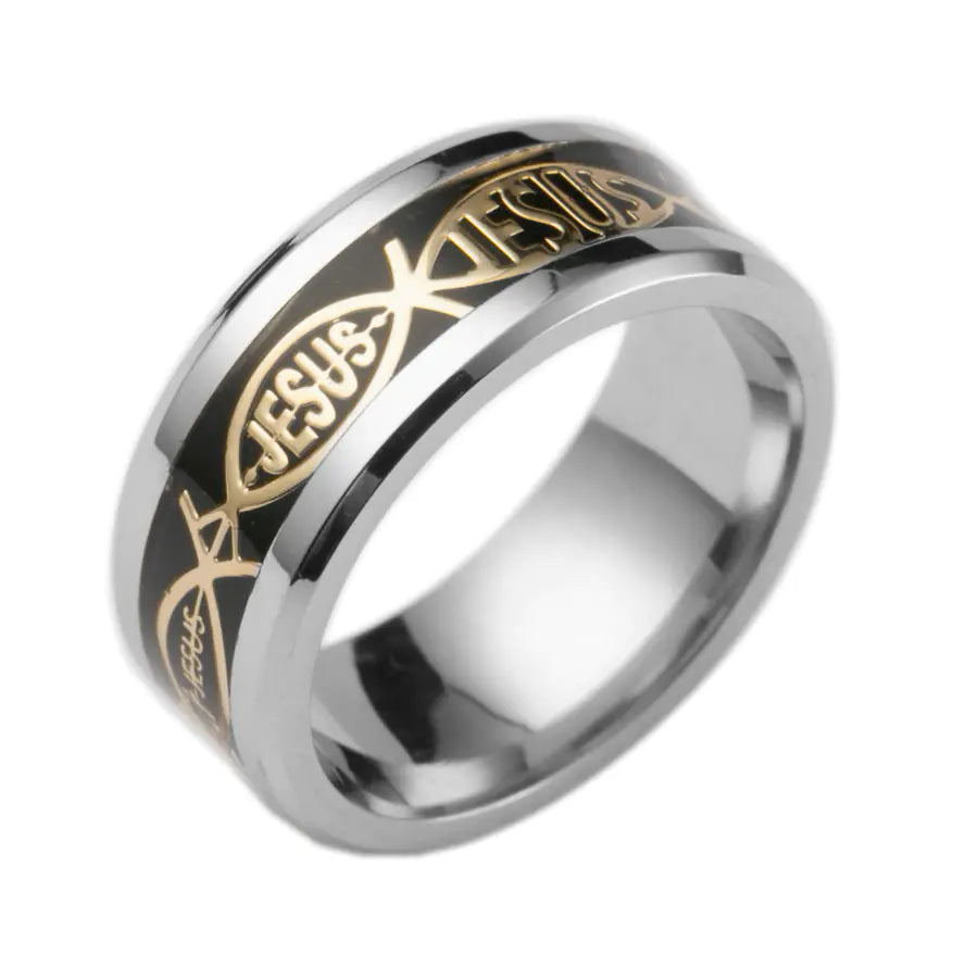 Anillo de Acero Inoxidable con Inlay de Letra de Jesús para Navidad