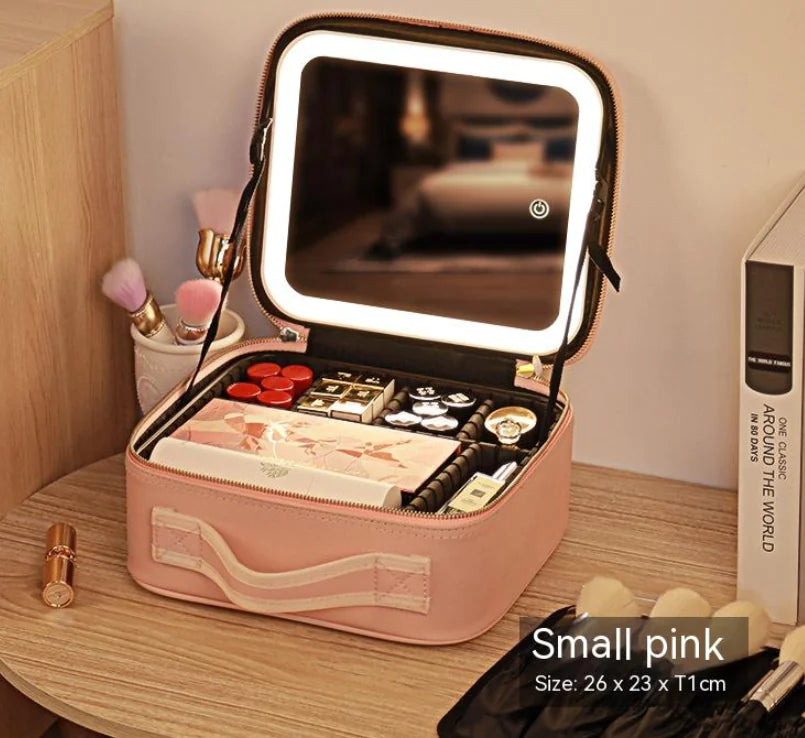 Bolsa de Cosméticos Portátil con Espejo y Luz LED, Caja de Almacenamiento de Cuidado de la Piel