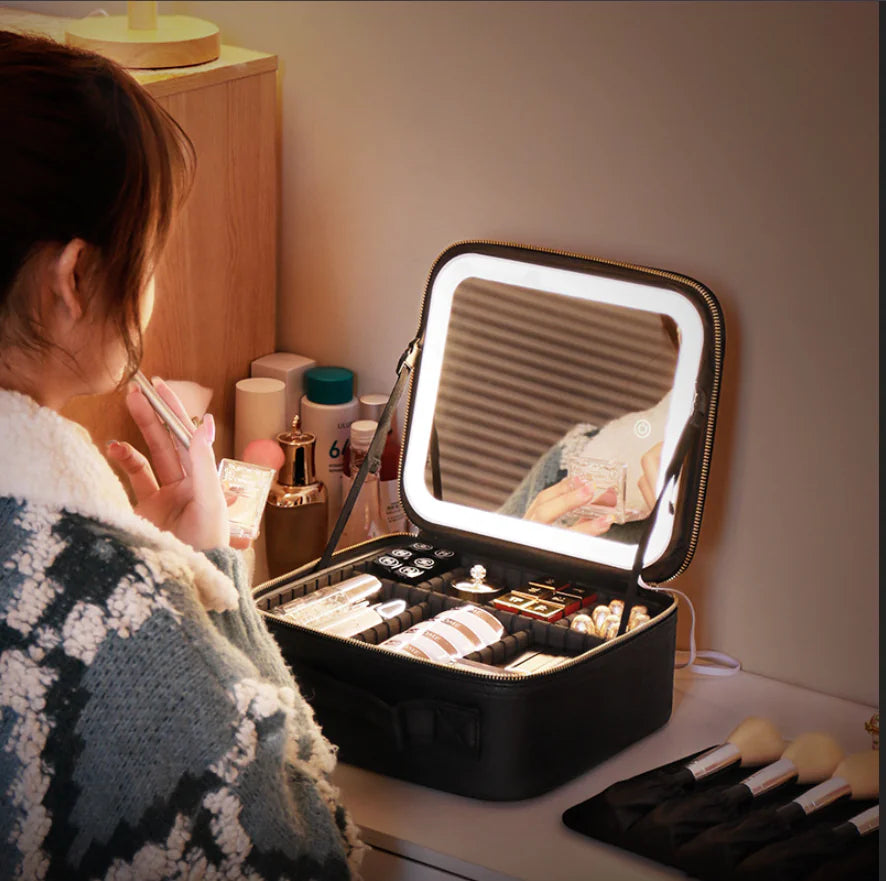 Bolsa de Cosméticos Portátil con Espejo y Luz LED, Caja de Almacenamiento de Cuidado de la Piel
