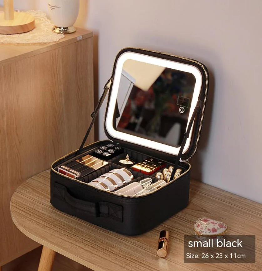Bolsa de Cosméticos Portátil con Espejo y Luz LED, Caja de Almacenamiento de Cuidado de la Piel
