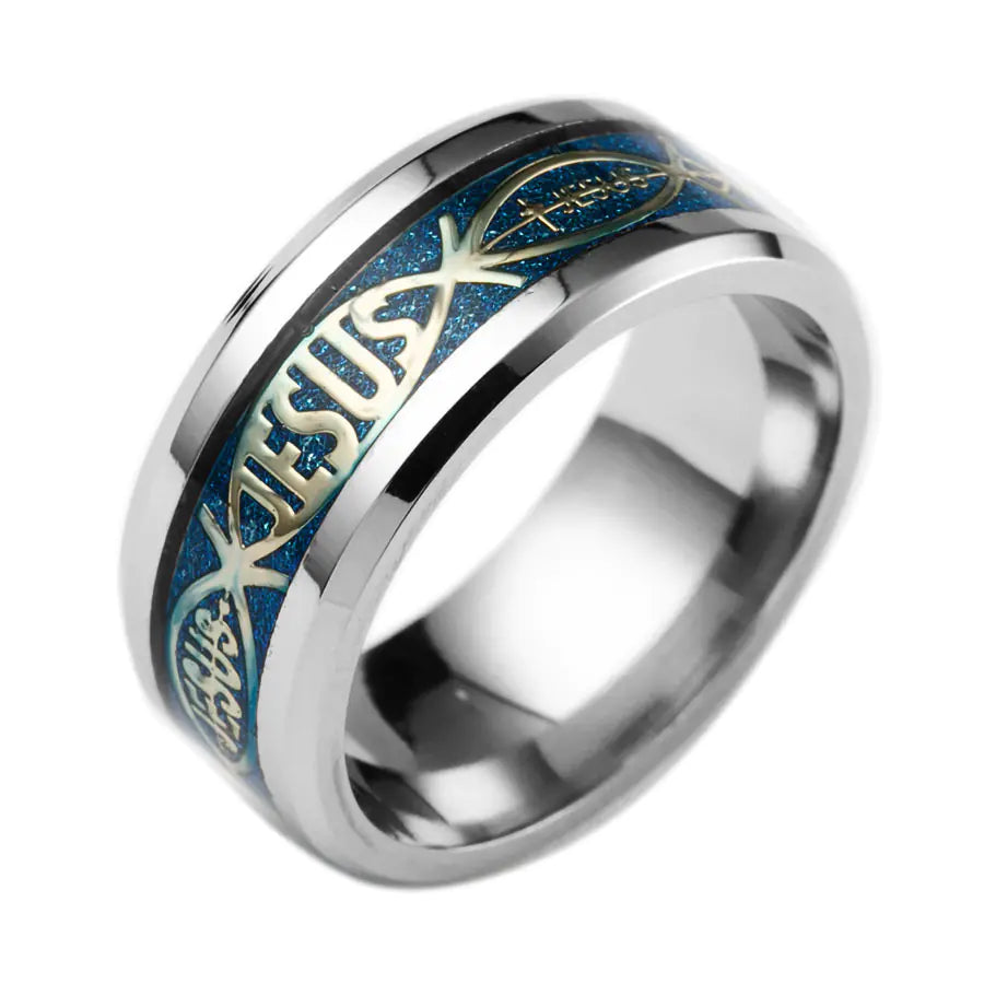 Anillo de Acero Inoxidable con Inlay de Letra de Jesús para Navidad