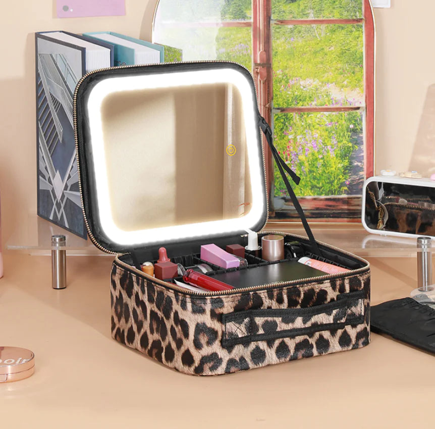 Bolsa de Cosméticos Portátil con Espejo y Luz LED, Caja de Almacenamiento de Cuidado de la Piel