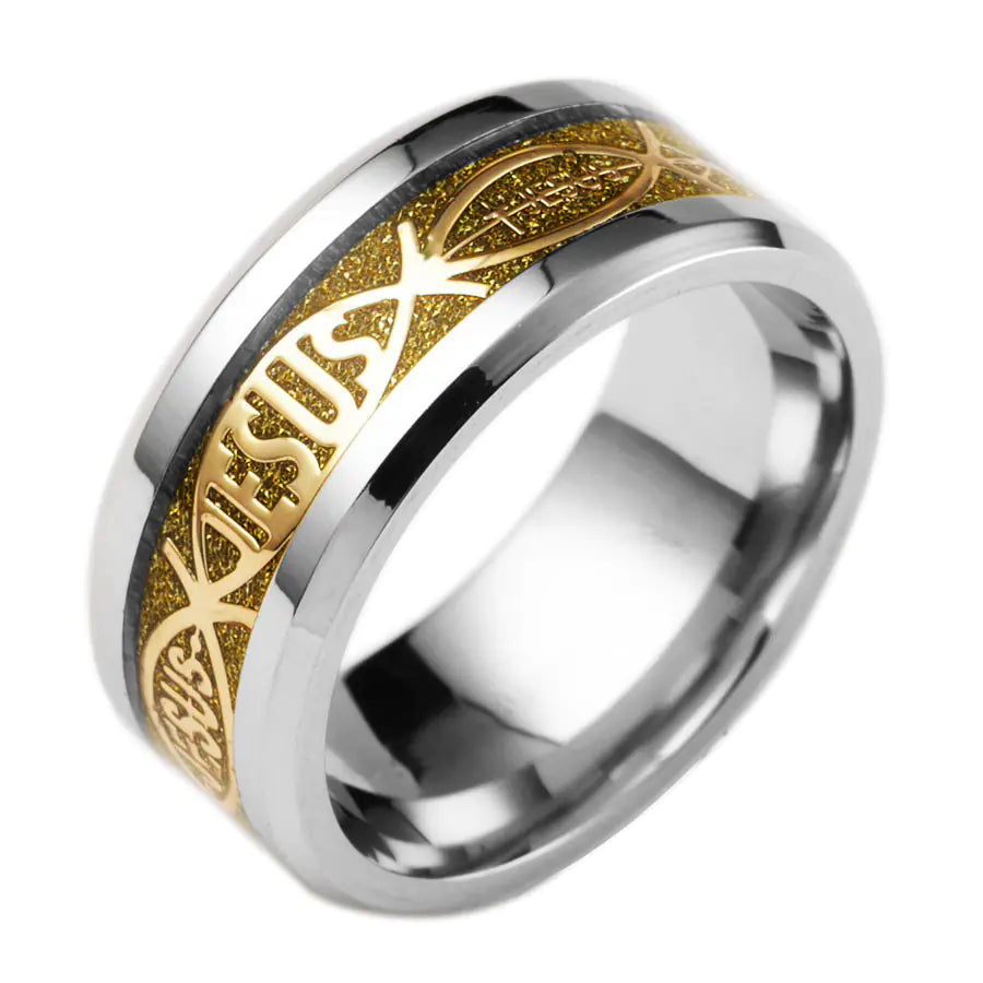 Anillo de Acero Inoxidable con Inlay de Letra de Jesús para Navidad