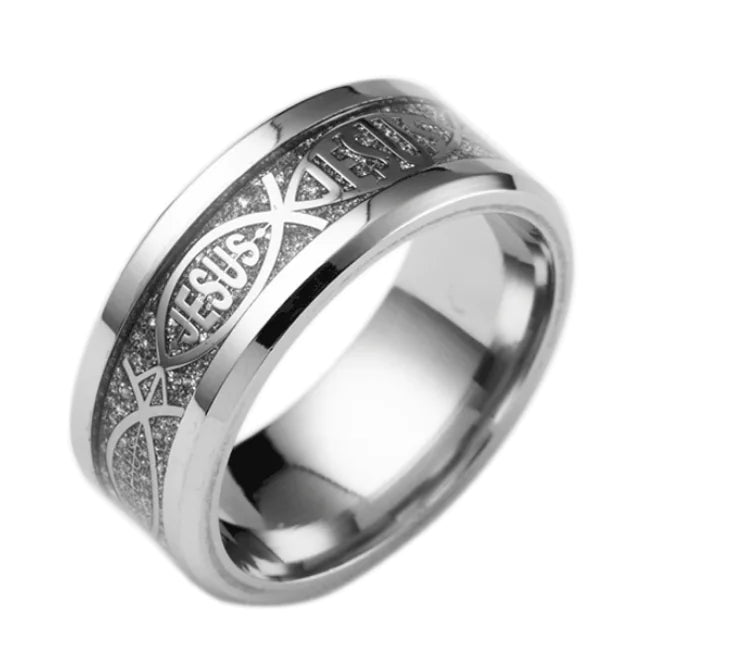 Anillo de Acero Inoxidable con Inlay de Letra de Jesús para Navidad